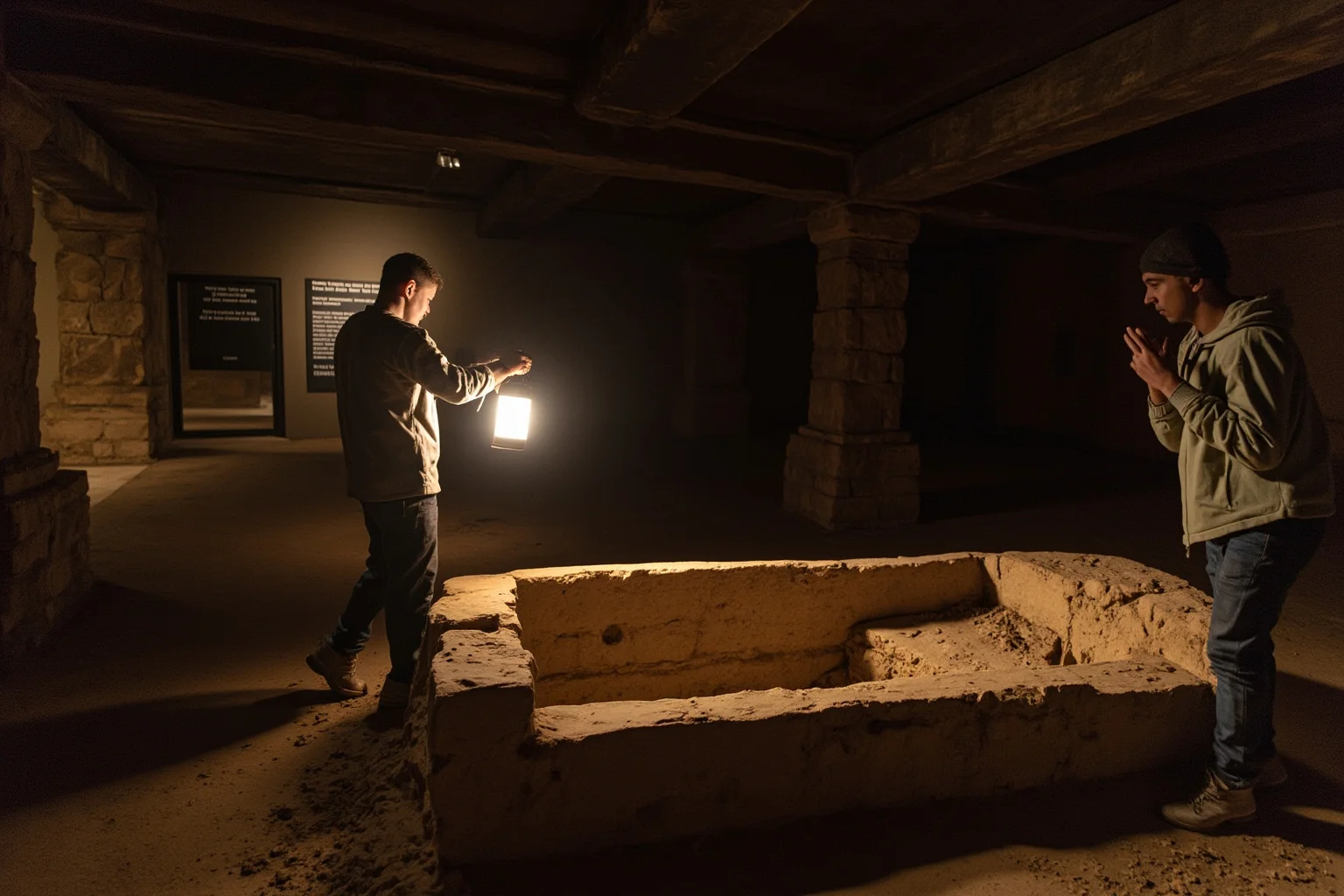 Proof of Time Travel? 20 Famous Photos, Notes, and Stories Fact-Checked 5 Museum archaeology scene with archaeologists carefully examining an open ancient stone tomb by lantern light