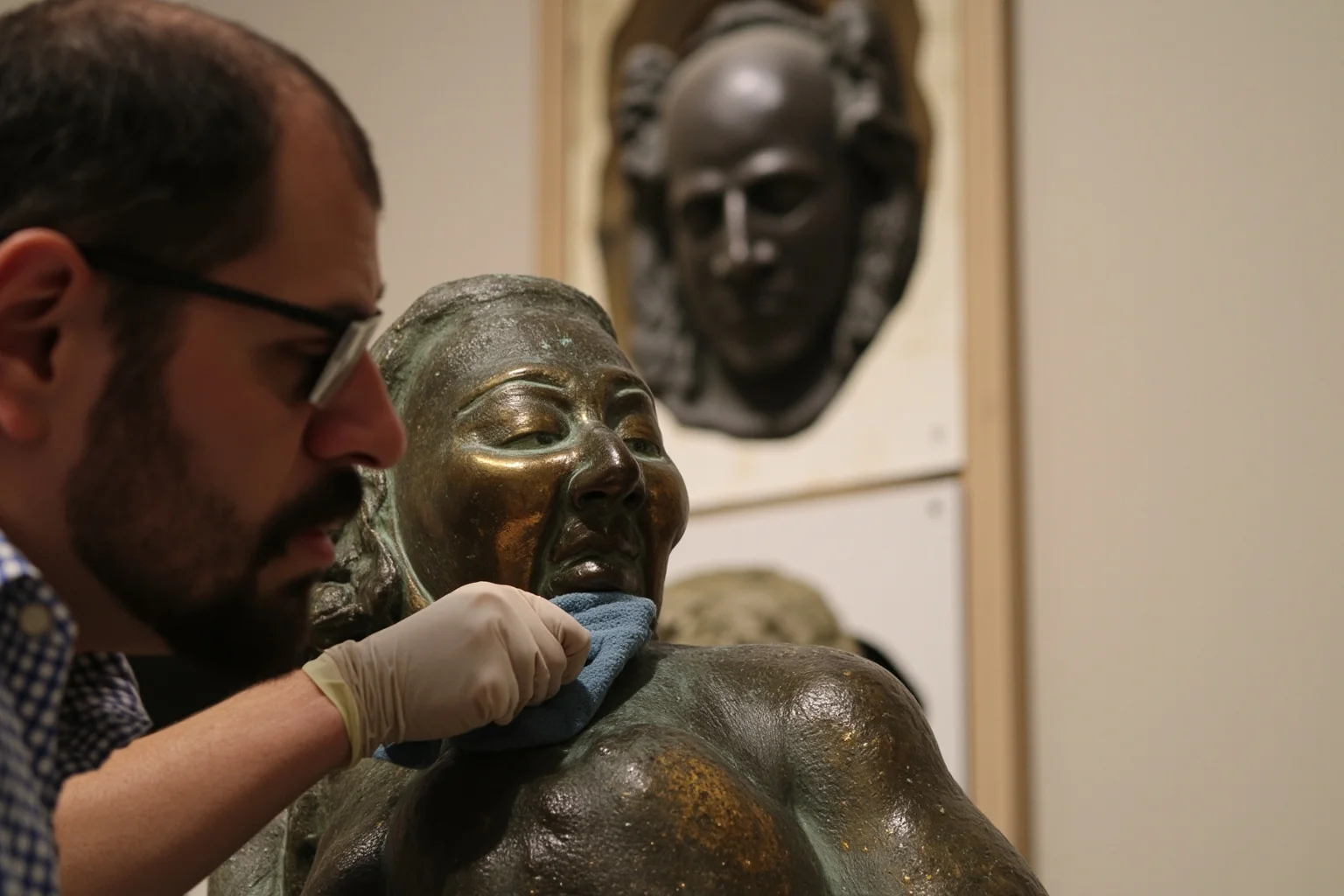 Museum conservator carefully cleaning a large bronze sculpture with soft cloths and tools