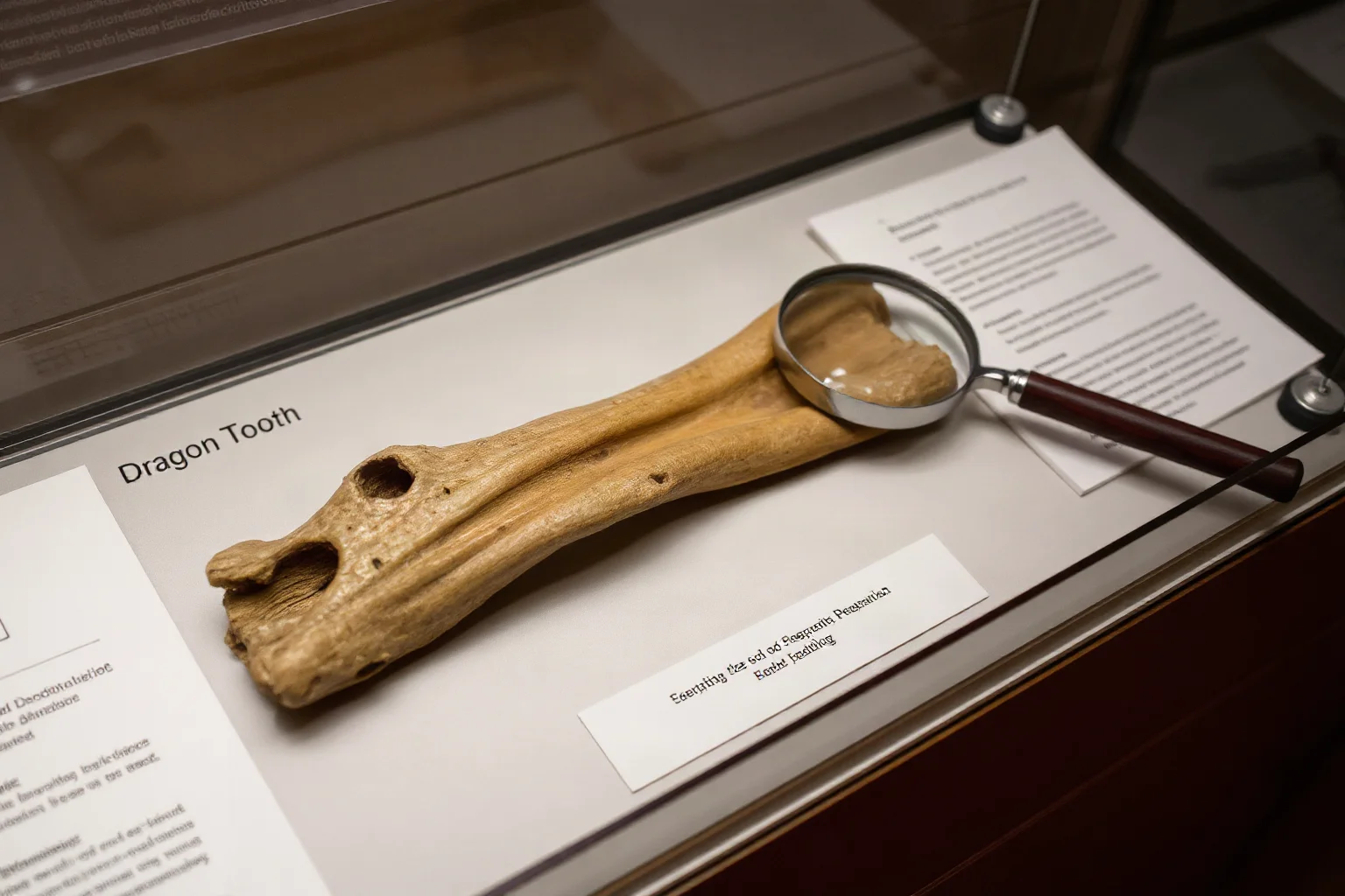 Museum display case with an old bone fragment labeled dragon tooth, magnifying glass and research notes nearby