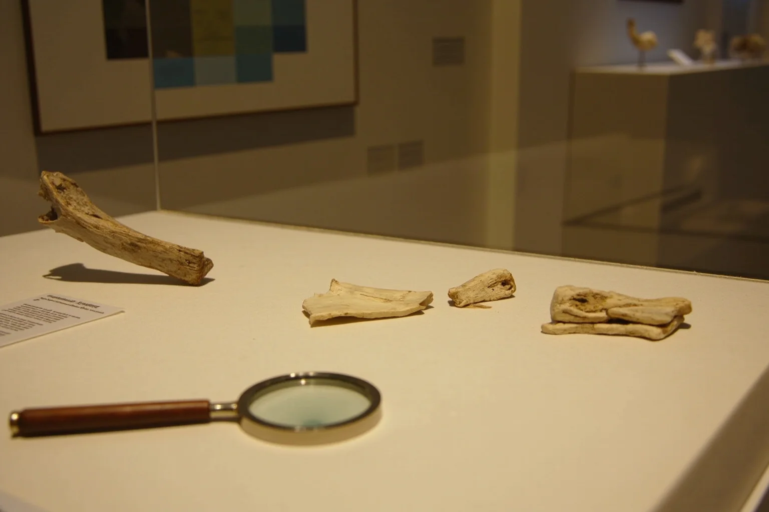 Museum display case with ancient-looking bone fragments and a magnifying glass, academic setting