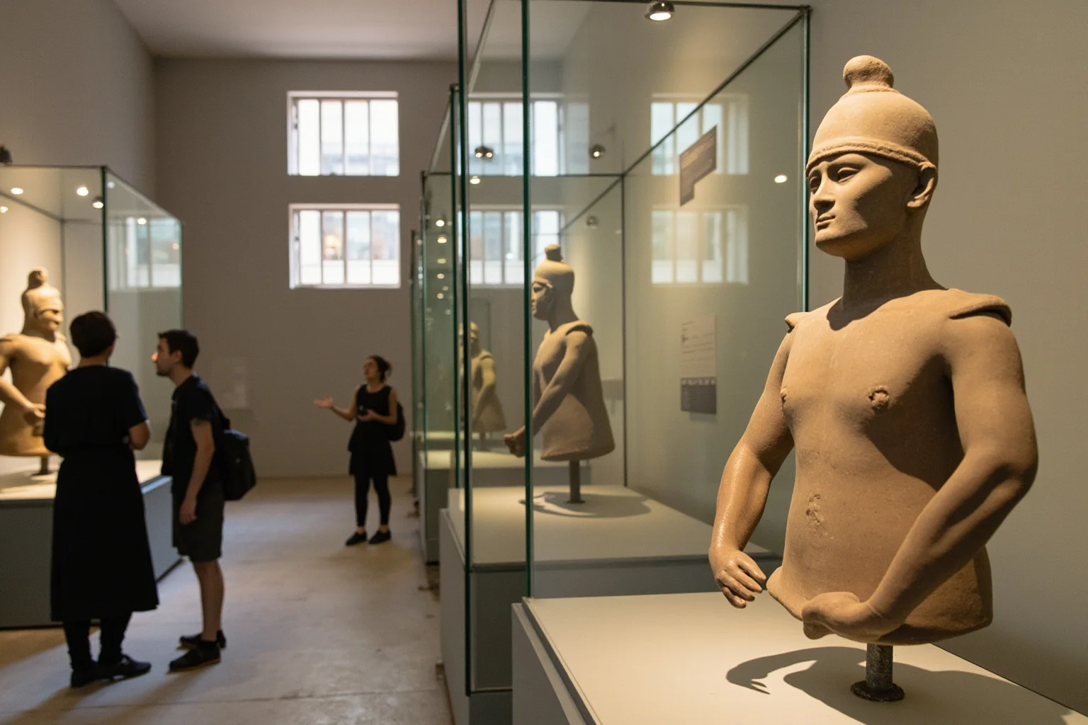 Museum exhibition hall with glass displays of ancient clay soldiers and visitors observing
