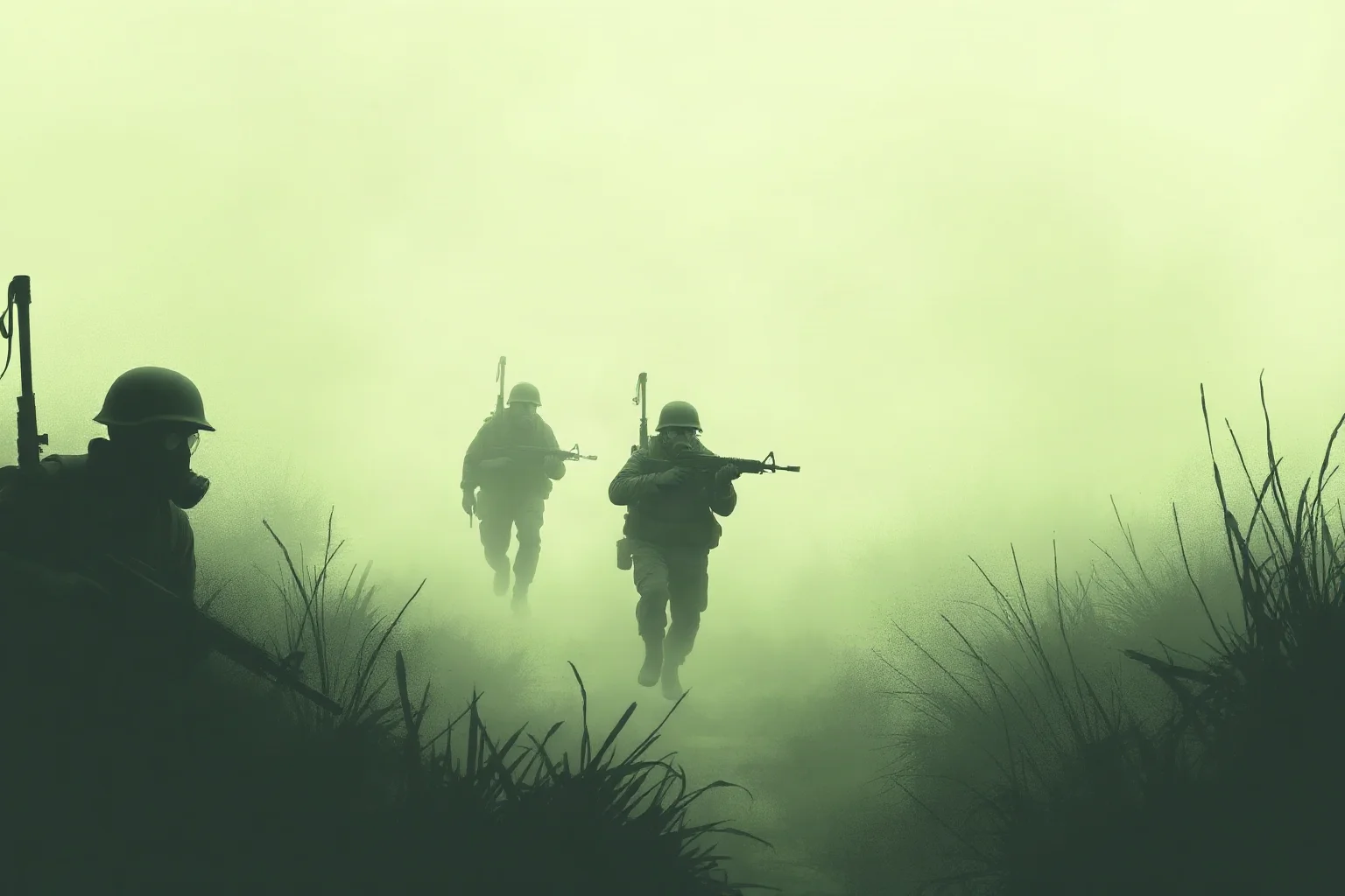 Muted illustration of soldiers in gas masks moving cautiously through a greenish fog on a battlefield