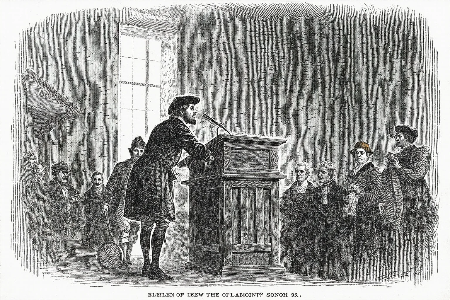 Illustration of a colonial-era statesman in 18th-century attire delivering a speech at a wooden podium inside a historic federal building