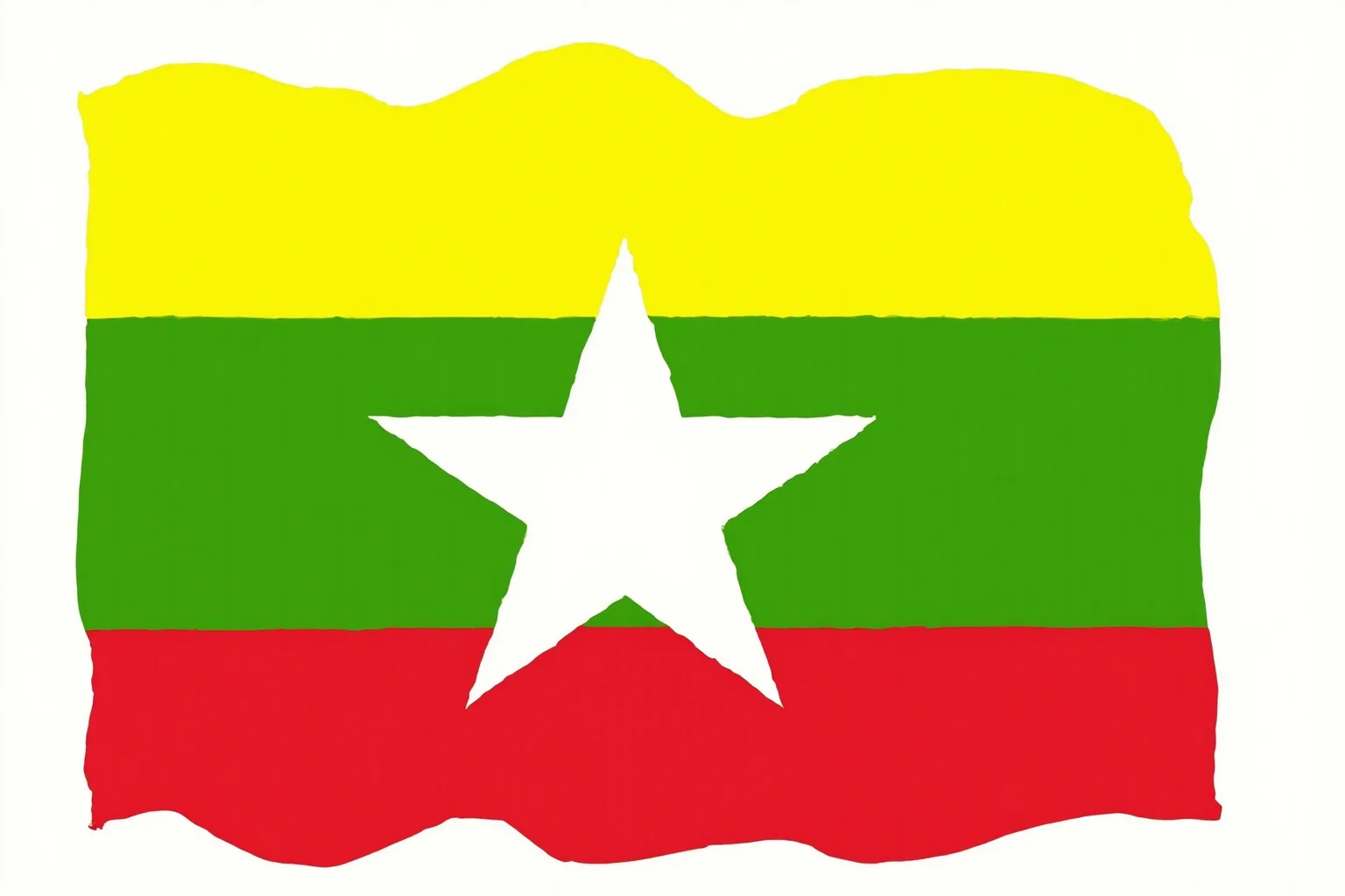 Myanmar's yellow, green, and red striped flag with a large white star, modern flat illustration