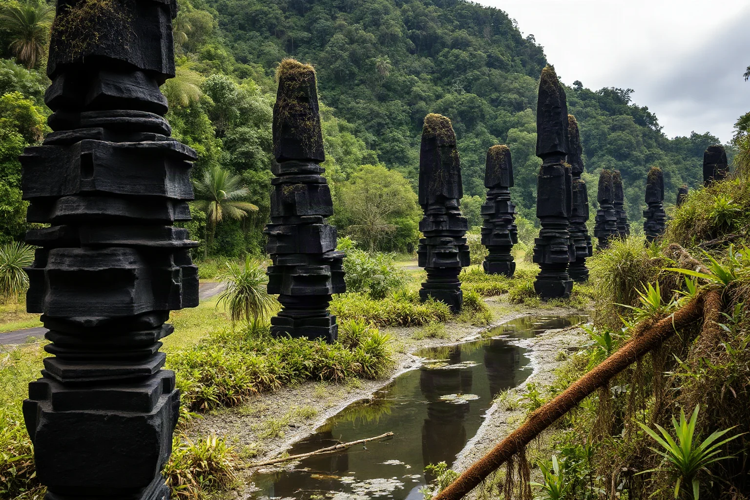 Mysterious basalt columns of Nan Madol rising from tidal canals and overgrown vegetation in remote Pacific island setting