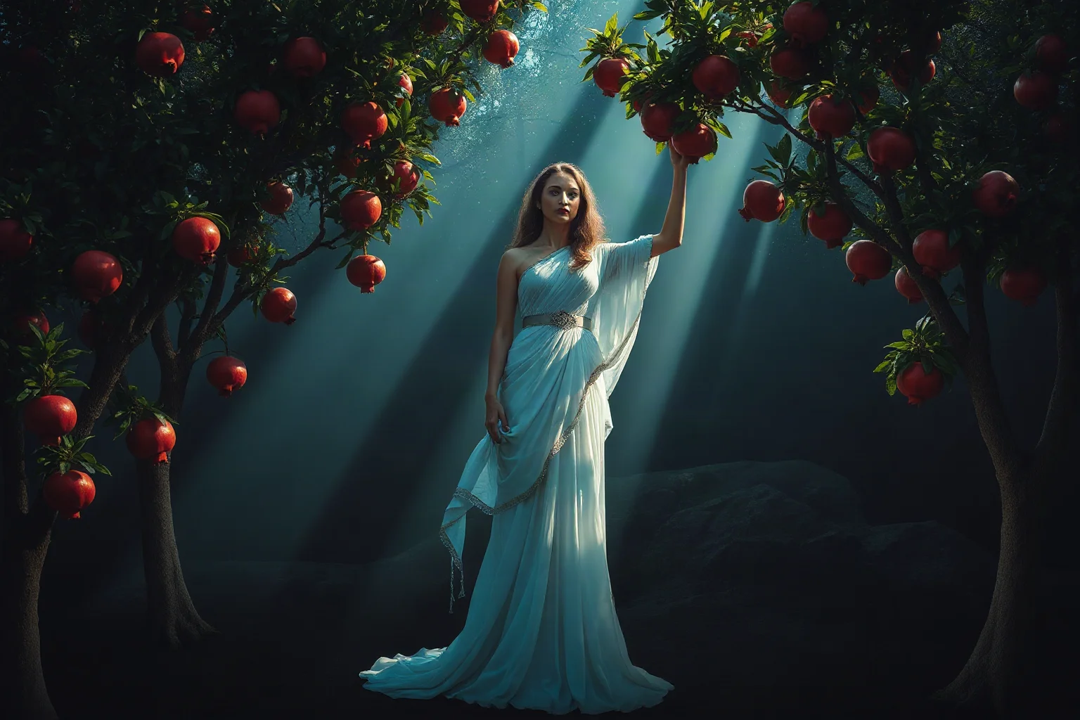 Mythological queen of the underworld standing among pomegranate trees at the boundary of light and shadow