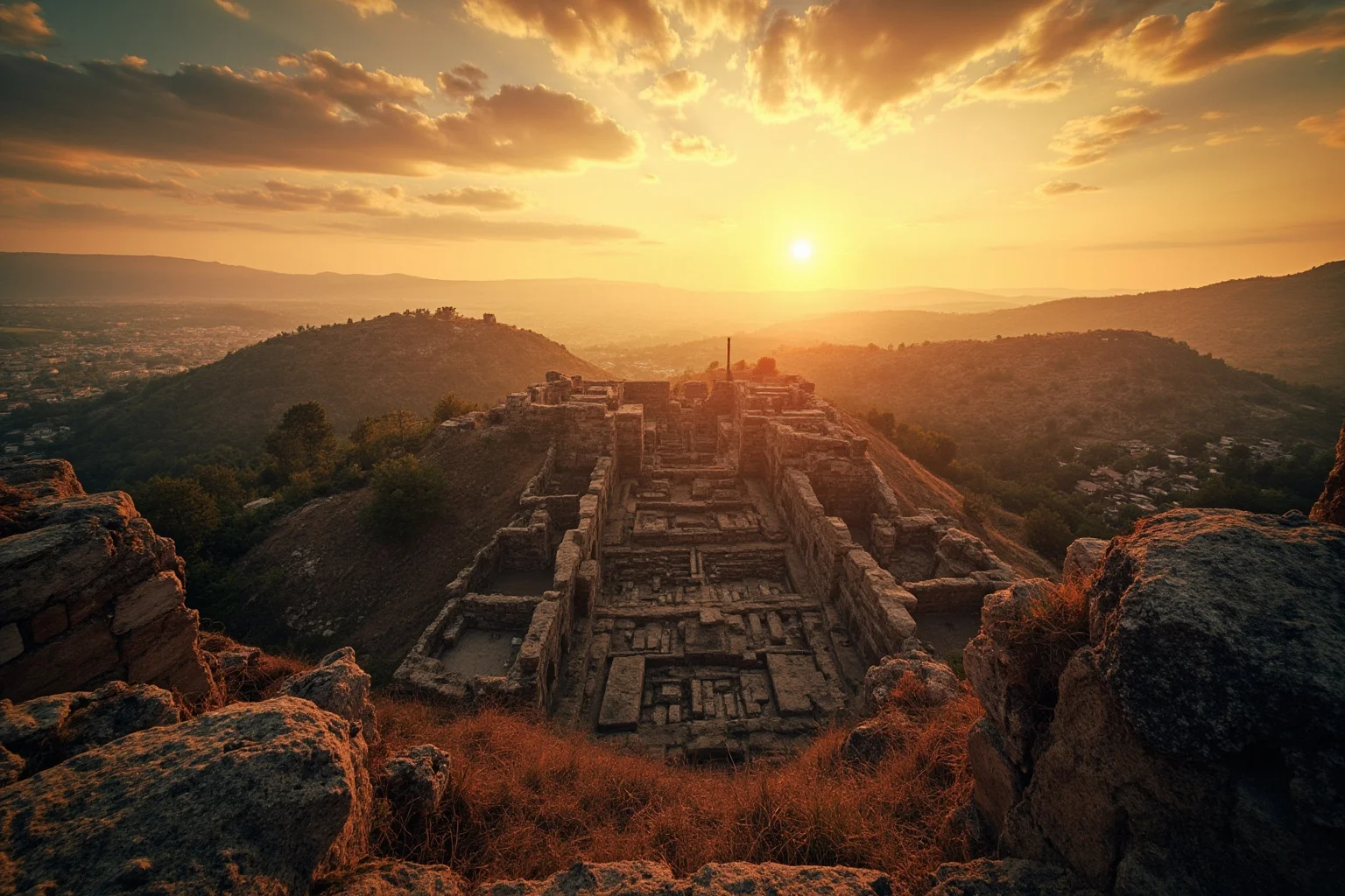 Myths That Defined Cultures: 20 Legends Born From True Events 2 Ancient ruined citadel on a hill with excavation trenches, evoking the archaeological site of Troy at sunset
