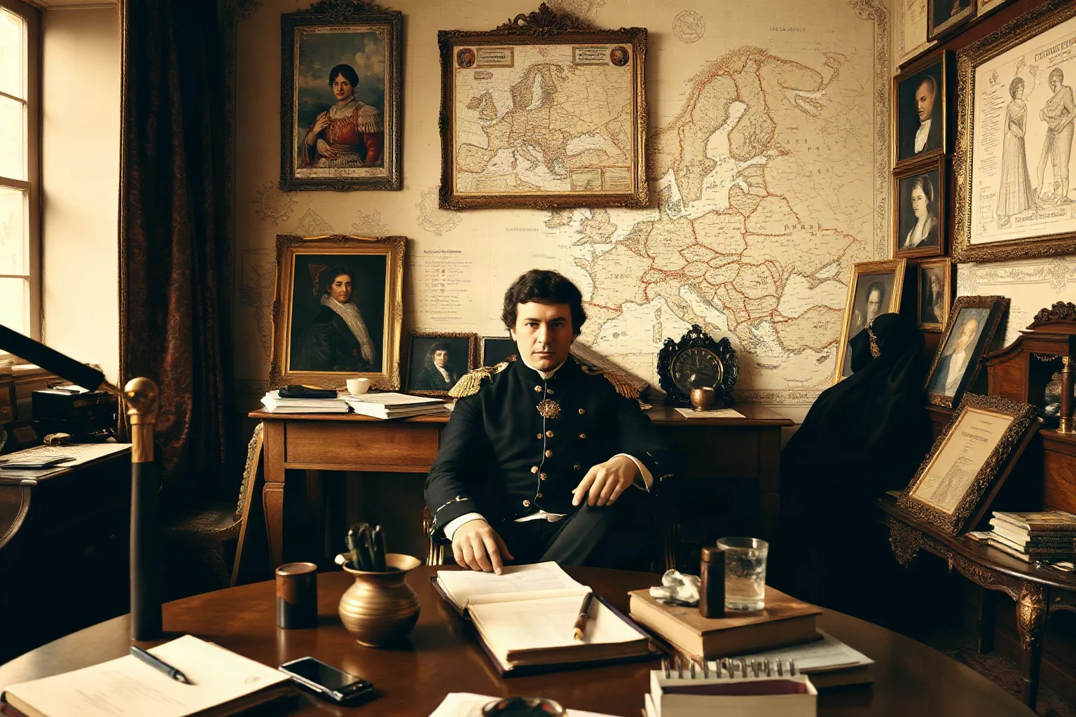 Napoleon Bonaparte in his study surrounded by maps of Europe, with portraits of his siblings dressed as European monarchs on the walls