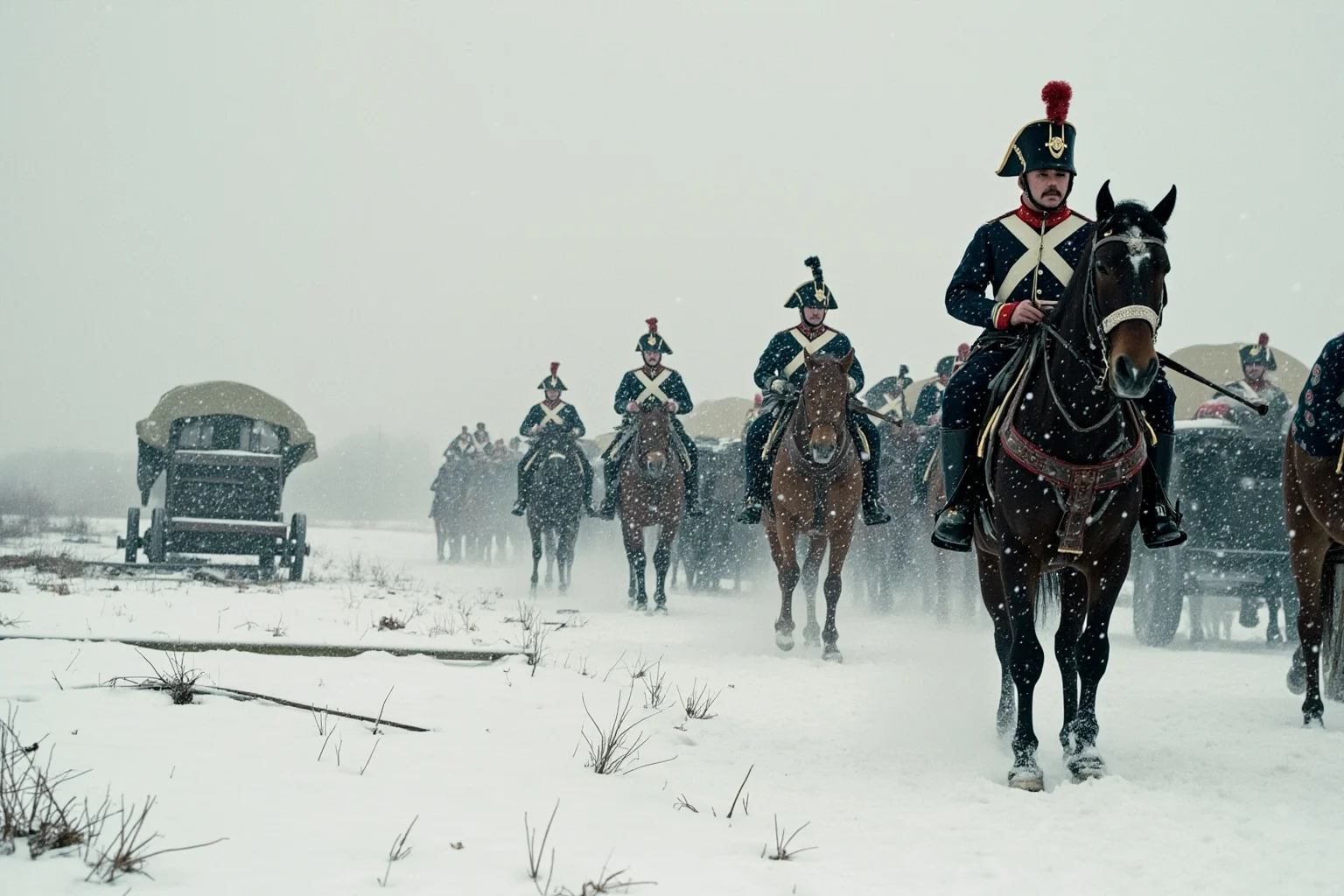 Napoleonic-era French soldiers trudging through heavy snow with wagons and horses in a bleak winter landscape