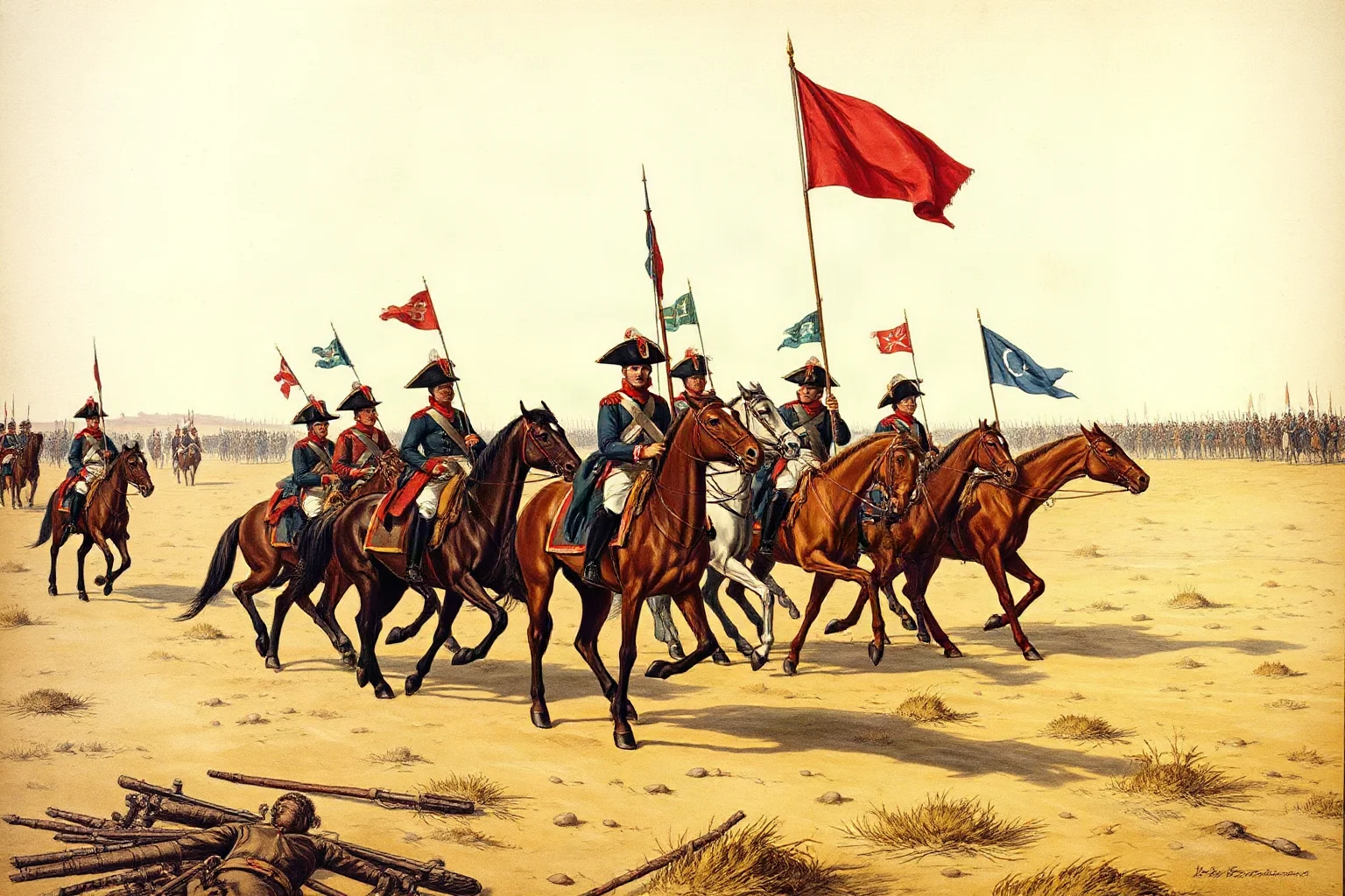 Napoleonic-era illustration of infantry and cavalry in formation on a European battlefield, early 1800s style