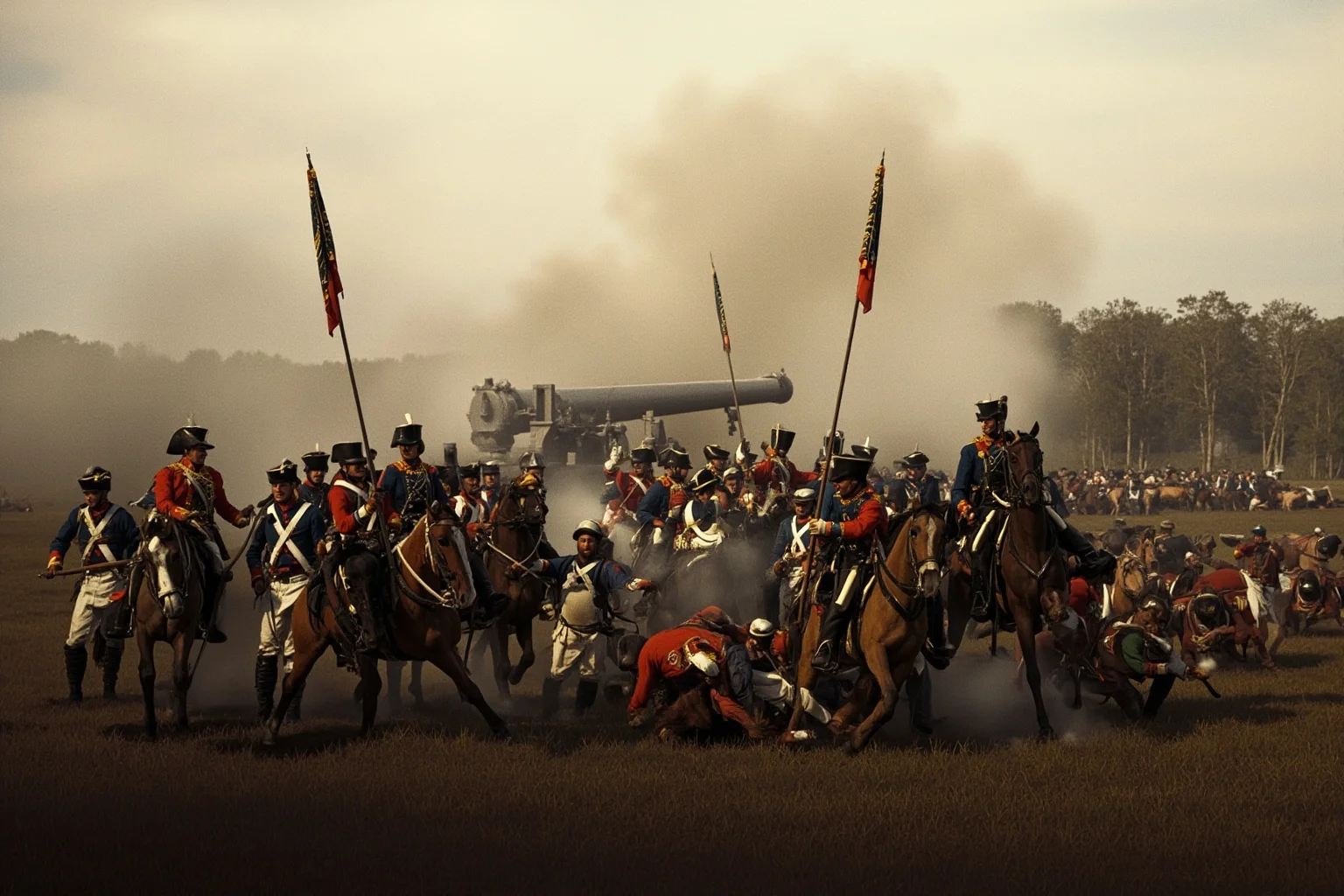 Napoleonic infantry and cavalry clashing on a smoky European battlefield with artillery in the background