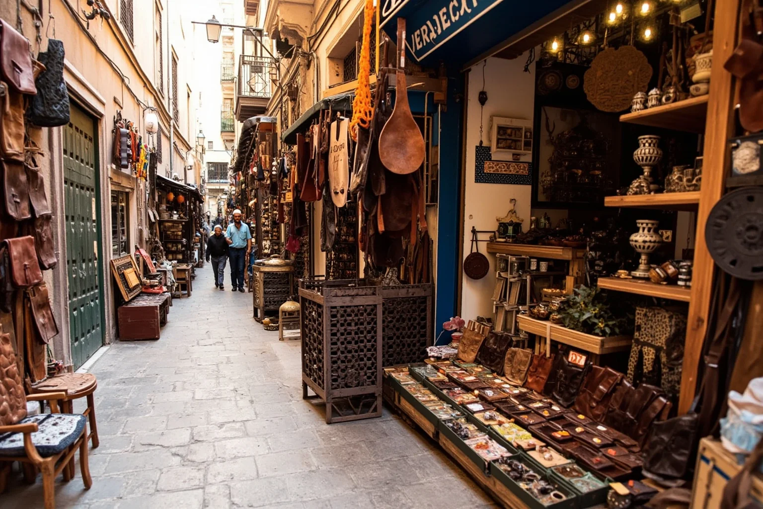 Narrow alley in the medina of Fez with leather goods, ceramics, and lanterns displayed outside traditional shopfronts