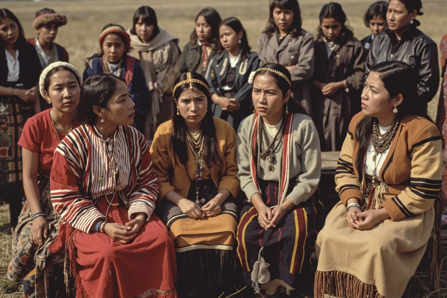 Native American women in traditional dress gathered in council or discussing matters of importance