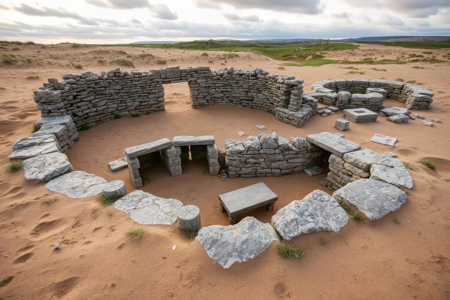 Neolithic stone ruins of Skara Brae with intact ancient hearths and stone furniture partially buried in sandy Scottish landscape