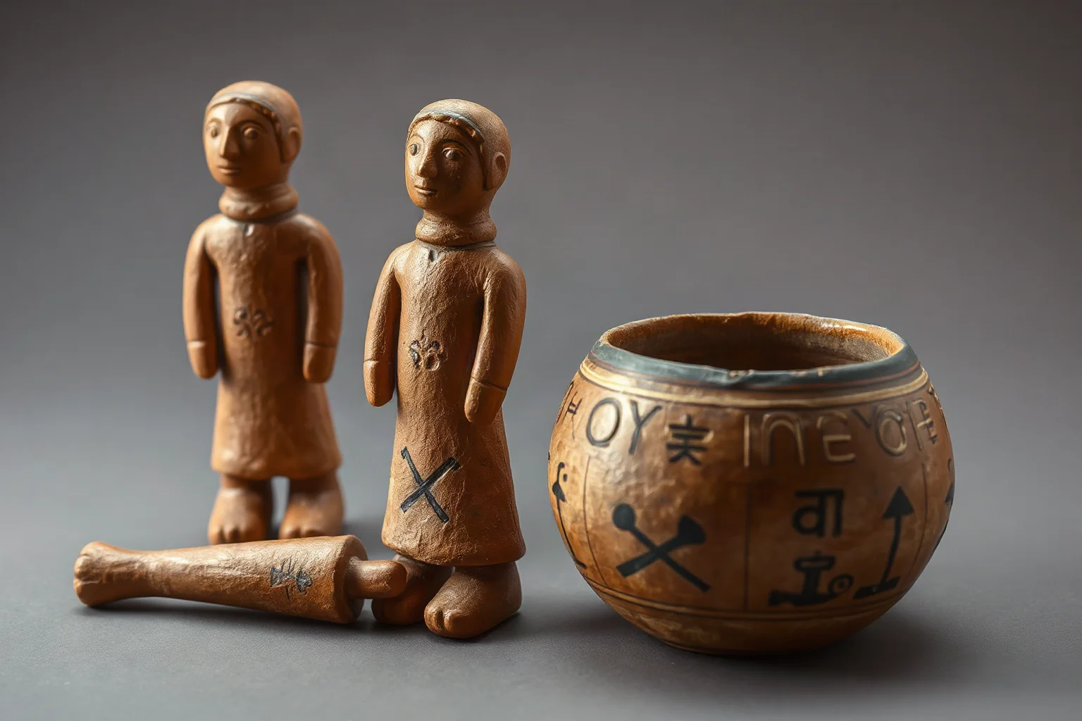Neolithic Vinča culture clay figurines and pottery engraved with mysterious symbols