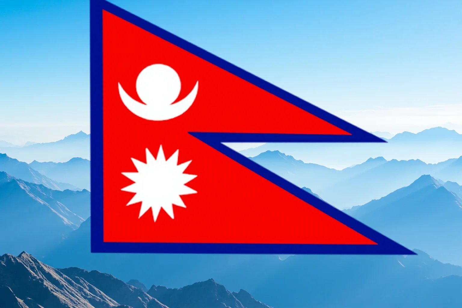 Nepal's unique double-pennant flag shape against a stylized Himalayan mountain backdrop