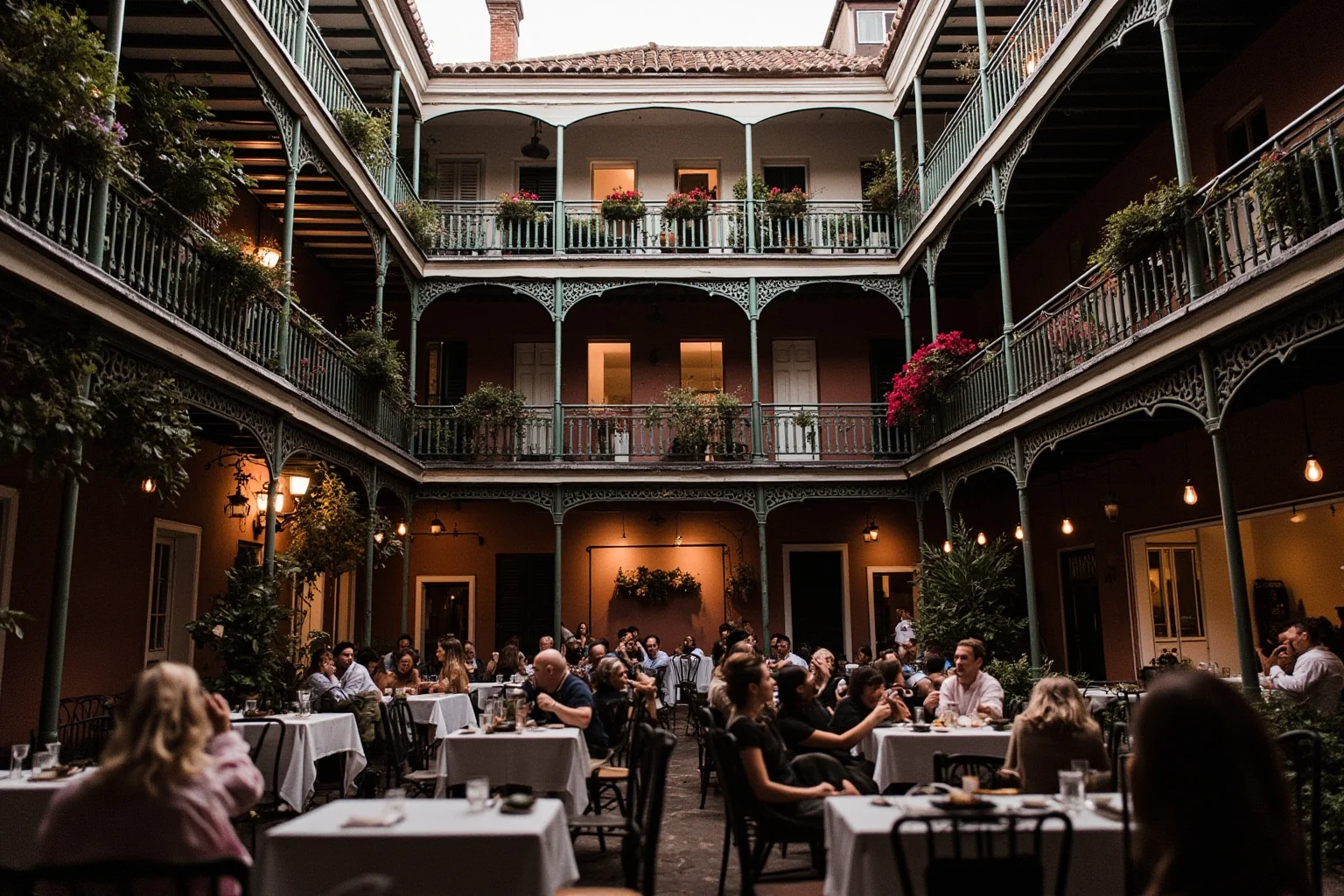 New Orleans French Quarter restaurant courtyard with wrought-iron balconies and candlelit tables
