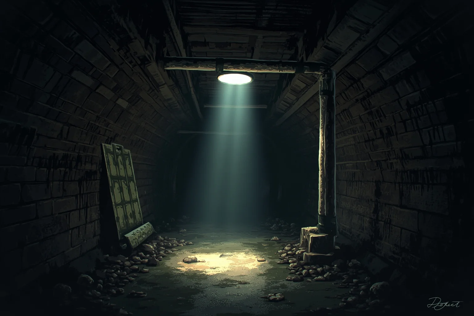 New York City sewer tunnel interior with dripping brick walls and a flashlight beam, moody illustration