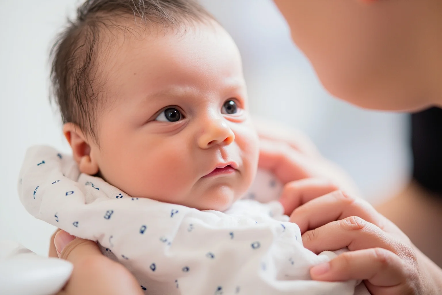 Newborn baby receiving health assessment with scoring chart visible, clinical setting