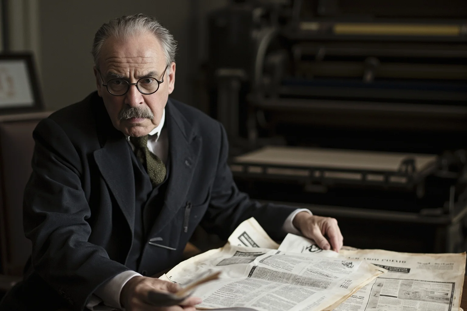 Newspaper editor at desk in late 1800s office with printing press visible in background