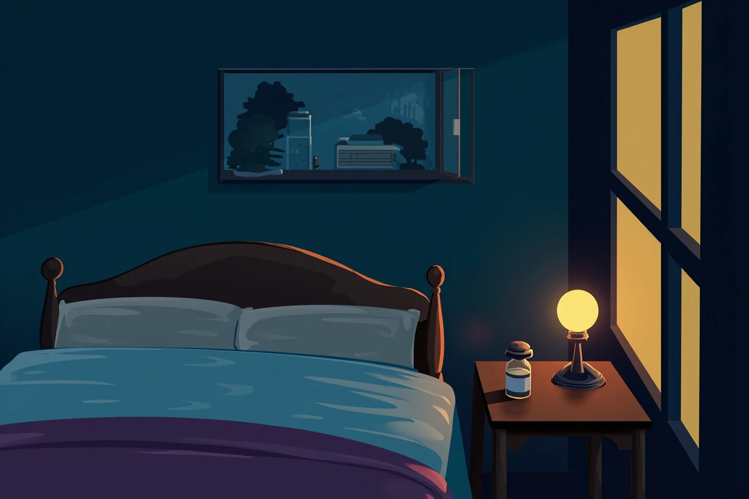 The Heartbreaking Life Story of Judy Garland: 26 Facts You Should Know 12 Nighttime bedroom illustration with a bedside table holding an old-fashioned pill bottle and a lamp