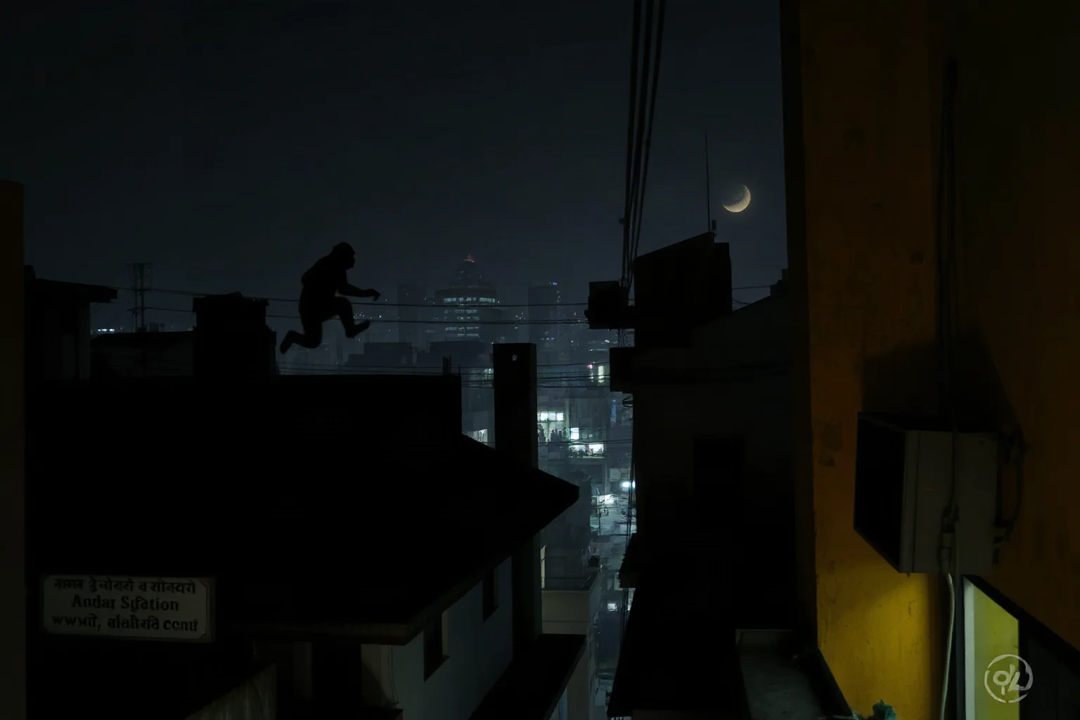 Nighttime Indian city rooftop and alleyway scene with a shadowy ape-like silhouette leaping between buildings