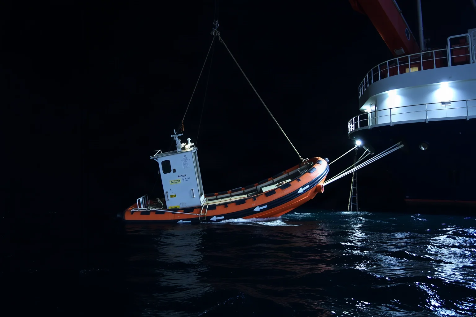 Nighttime scene of a half-empty lifeboat being lowered from a large ship into dark ocean water