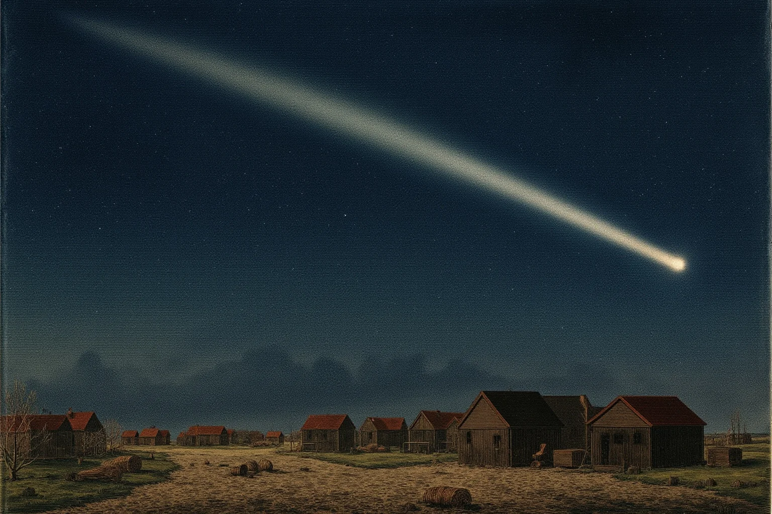 Nighttime sky illustration of a bright comet streaking above a quiet 19th-century town
