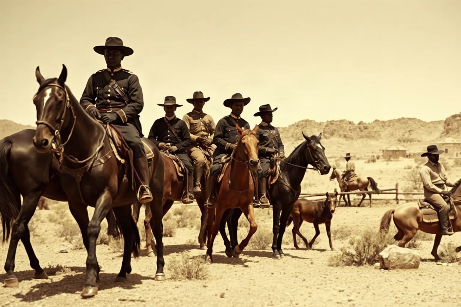 Nineteenth-century Black soldiers in U.S. Army uniforms on horseback in the American West, with desert landscape and frontier forts