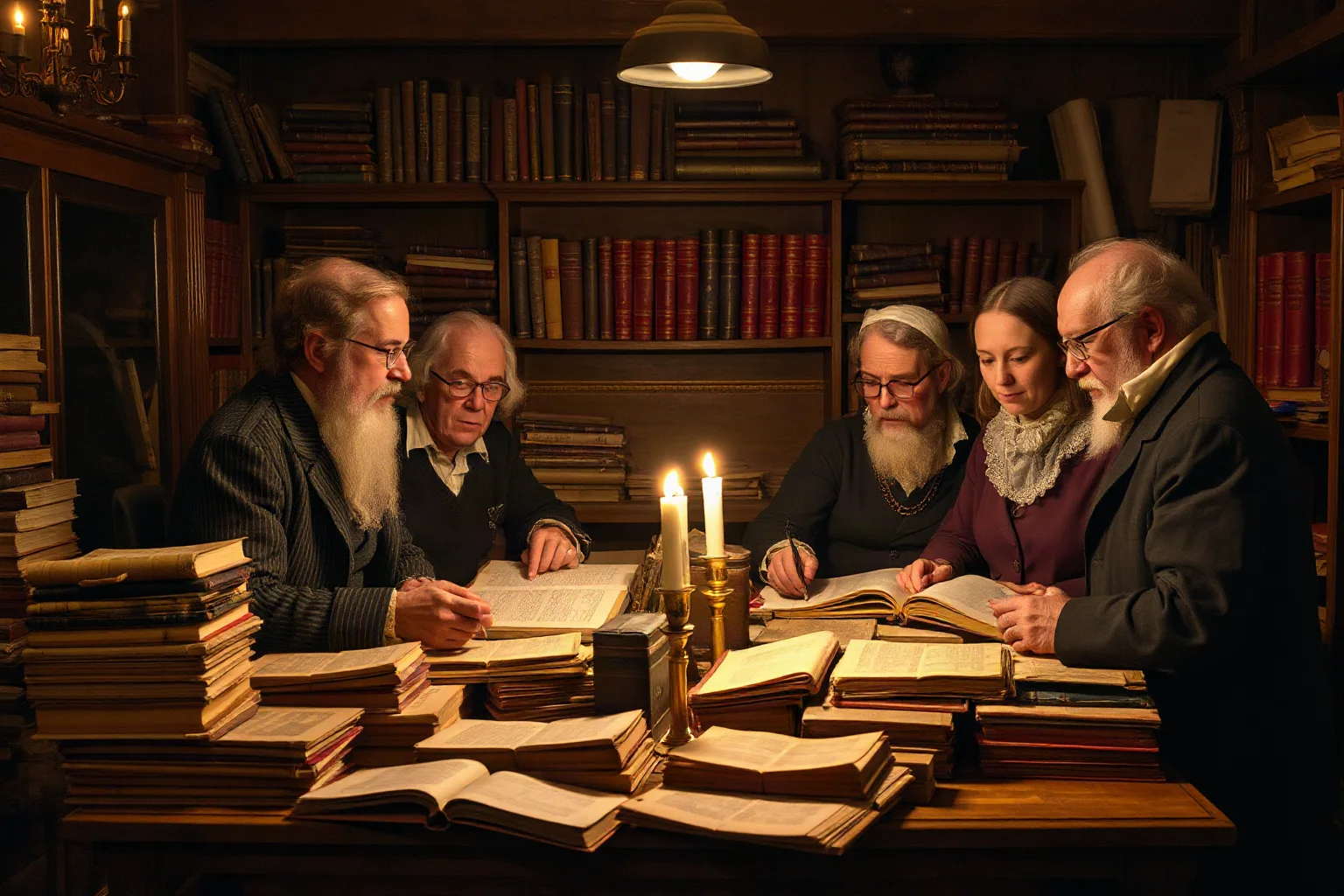 Nineteenth-century German scholars at a desk surrounded by stacks of old manuscripts and folklore books, working together by candlelight
