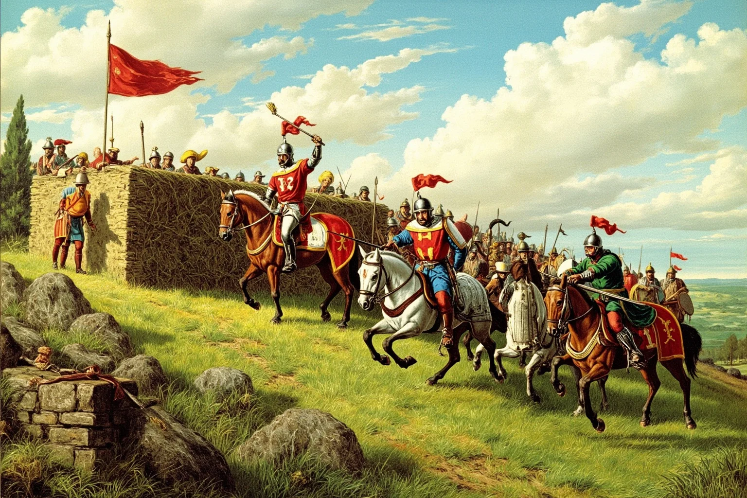 Norman cavalry and Anglo-Saxon shield wall clashing on a grassy English hillside, 1066-style historical illustration