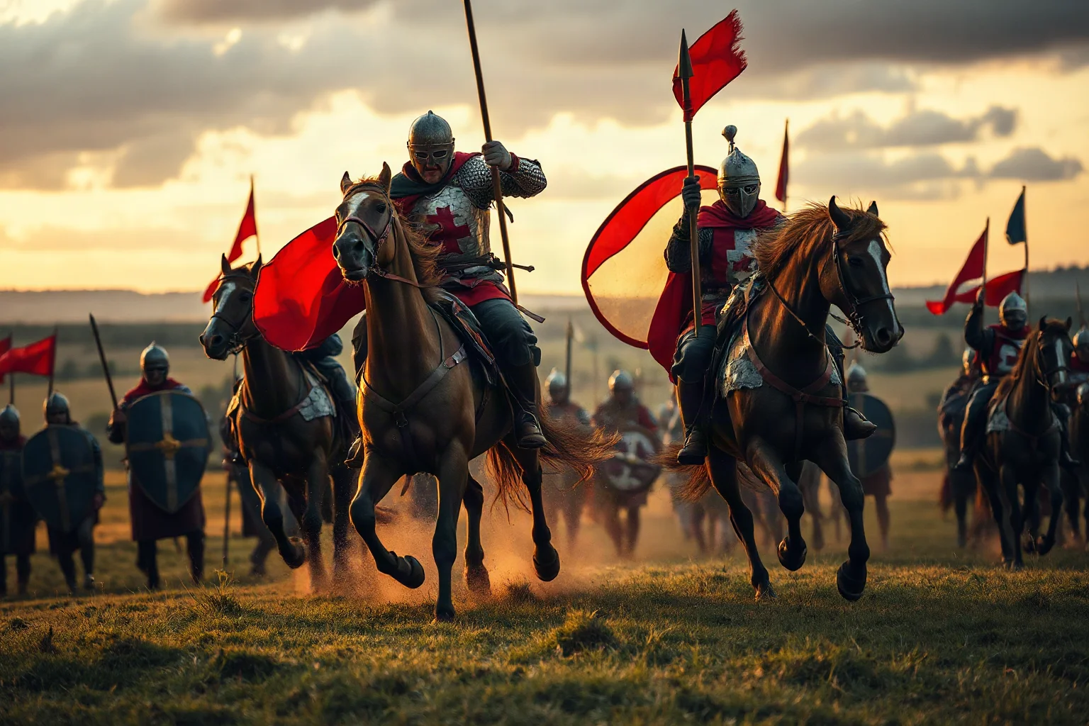 Norman cavalry on horseback defeating Anglo-Saxon shield wall formations, medieval warfare on rolling English countryside