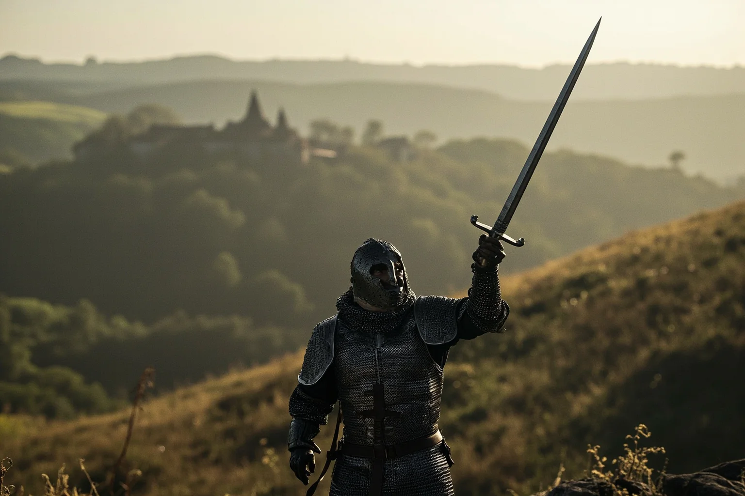 Norman duke in chainmail raising a sword atop a hill overlooking a medieval battlefield