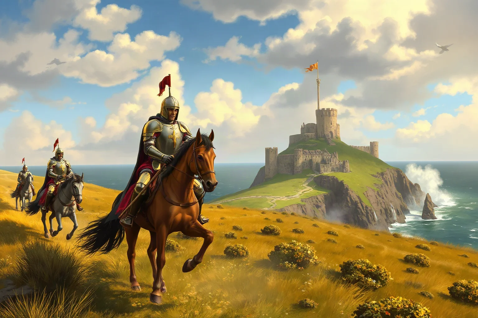 Norman duke on horseback leading armored knights toward a coastal cliff battlefield, illustrative historical style