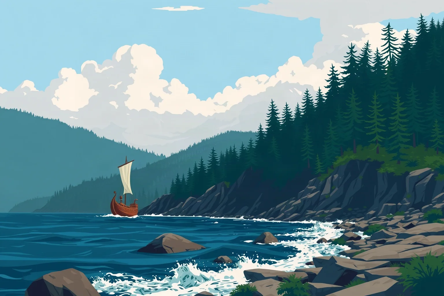 Norse longship approaching a rocky, forested North American coastline, illustrated historical style