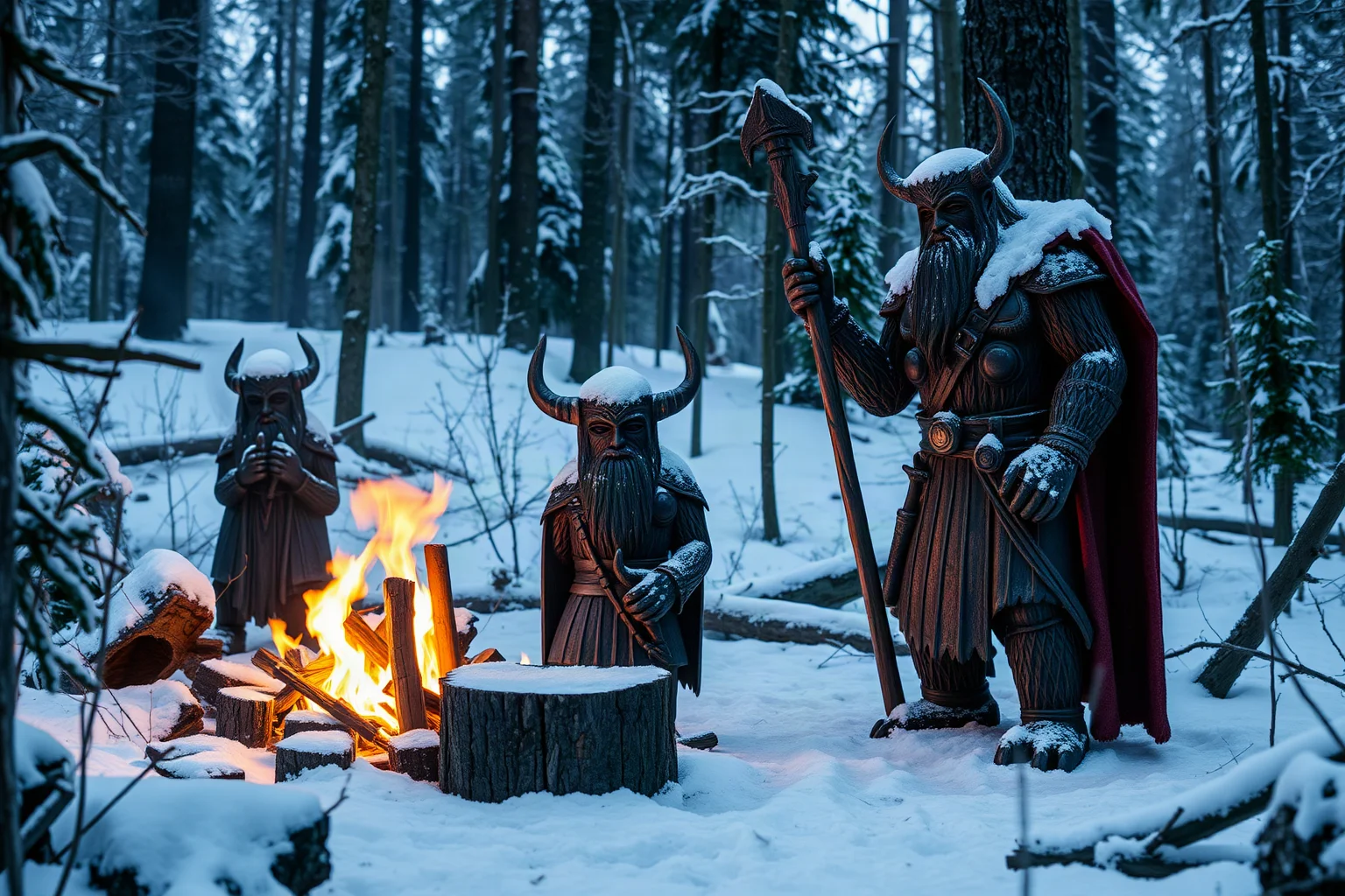 Norse pagan ritual scene with carved wooden idols of Odin and Thor in a snowy Scandinavian forest