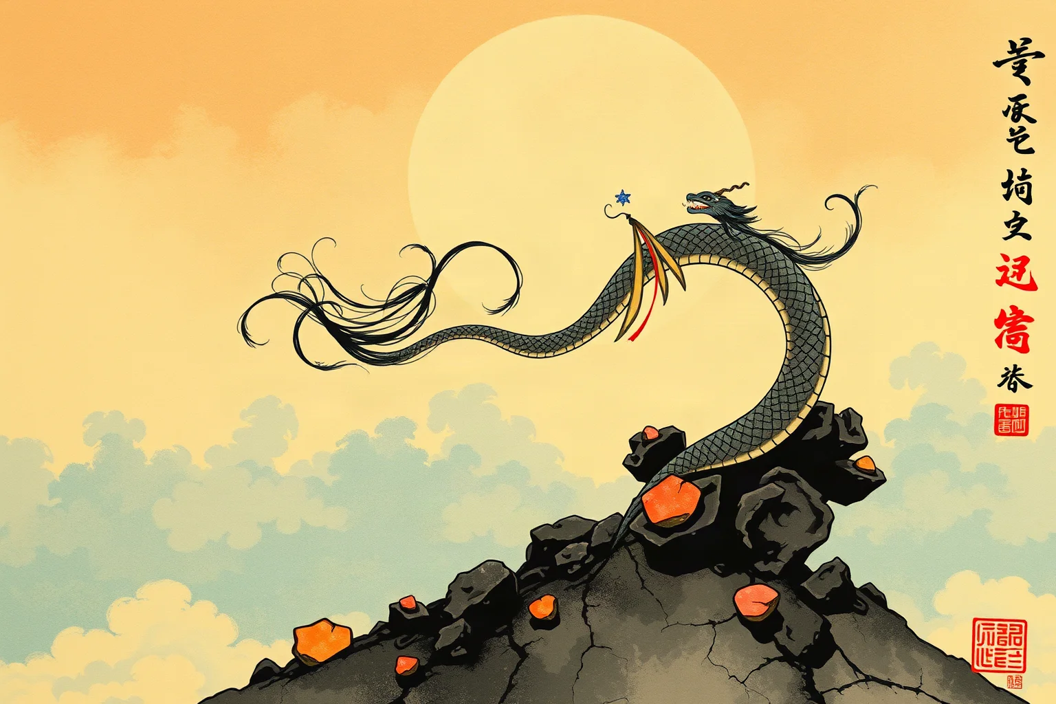 Stylized traditional Chinese ink painting of a serpent-tailed goddess mending a cracked sky with colorful stones