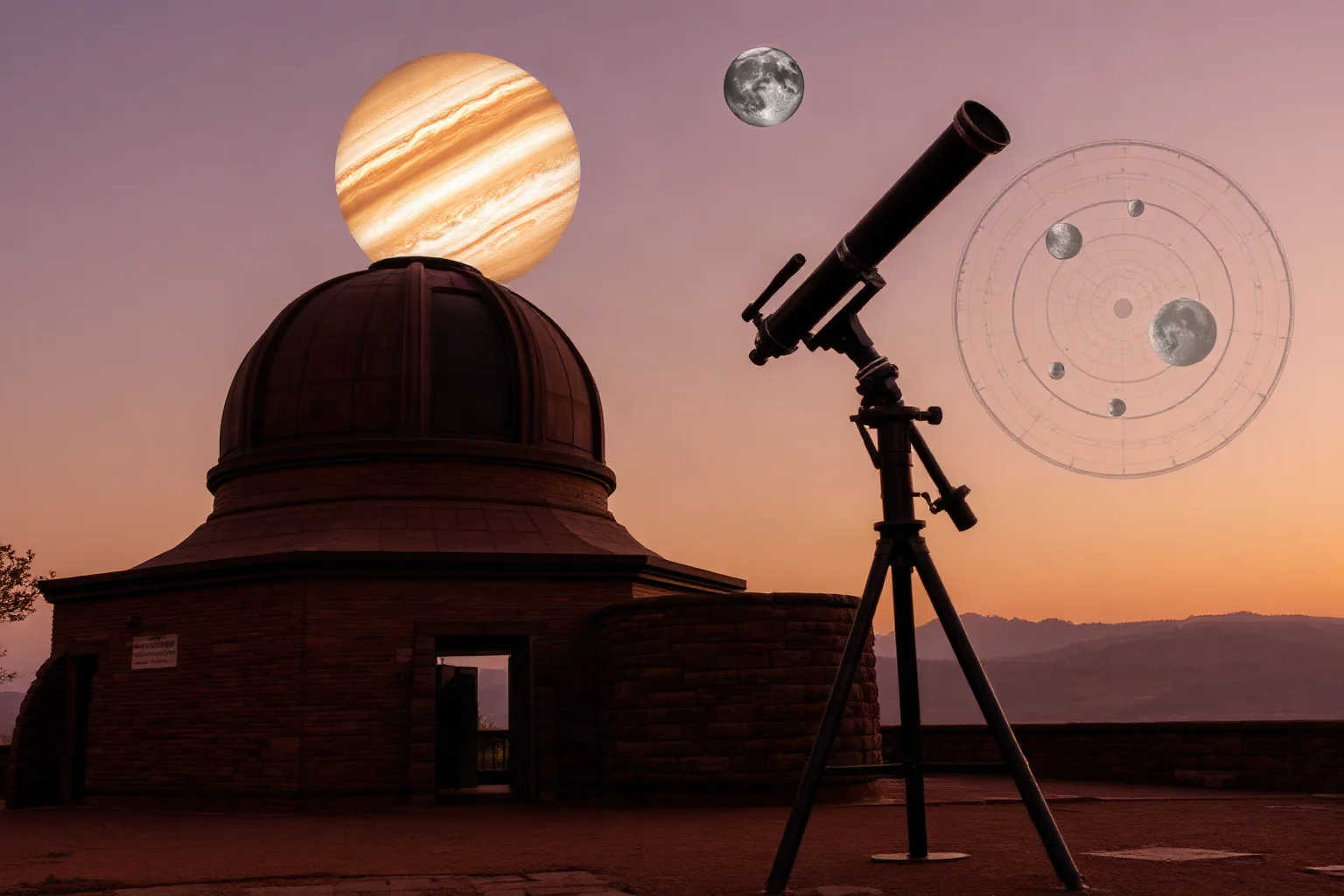 Observatory with early telescope pointed at Jupiter, astronomical charts showing moon orbits, and conflict imagery between science and religious authority