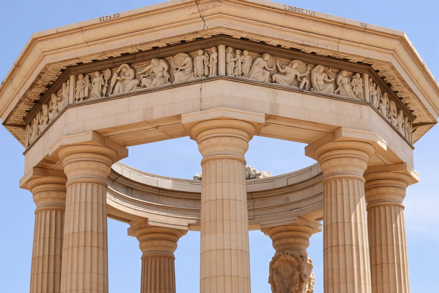 Octagonal marble Tower of the Winds structure with carved relief figures, ancient Athens