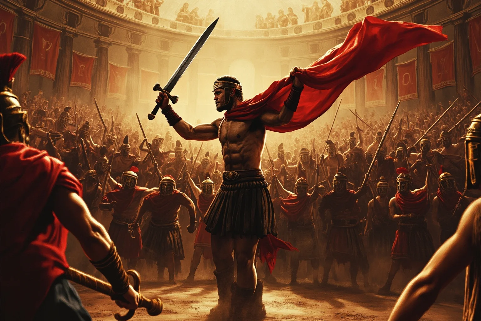 History's Greatest Rebels That Challenged the Status Quo 2 Dramatic illustration of a gladiator raising a sword before a crowd of rebelling enslaved fighters in an ancient Roman arena setting, painterly style, non-photorealistic