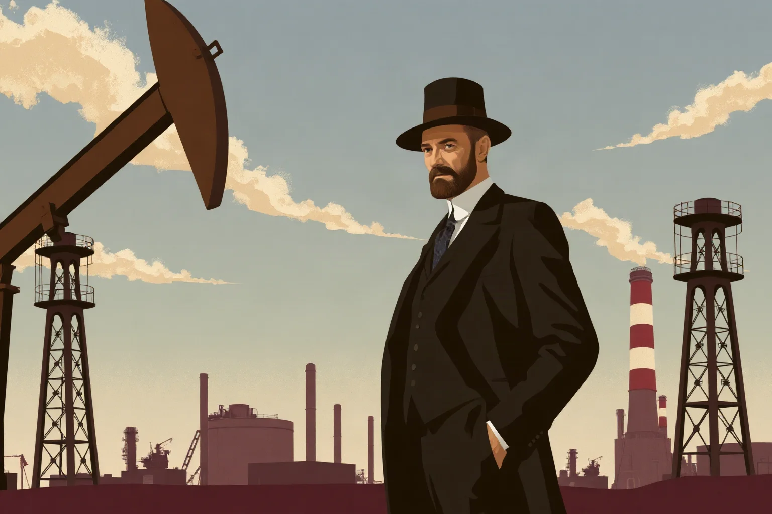 Vintage-style illustration of a 19th-century oil industry magnate in a formal suit standing before oil derricks and refinery towers