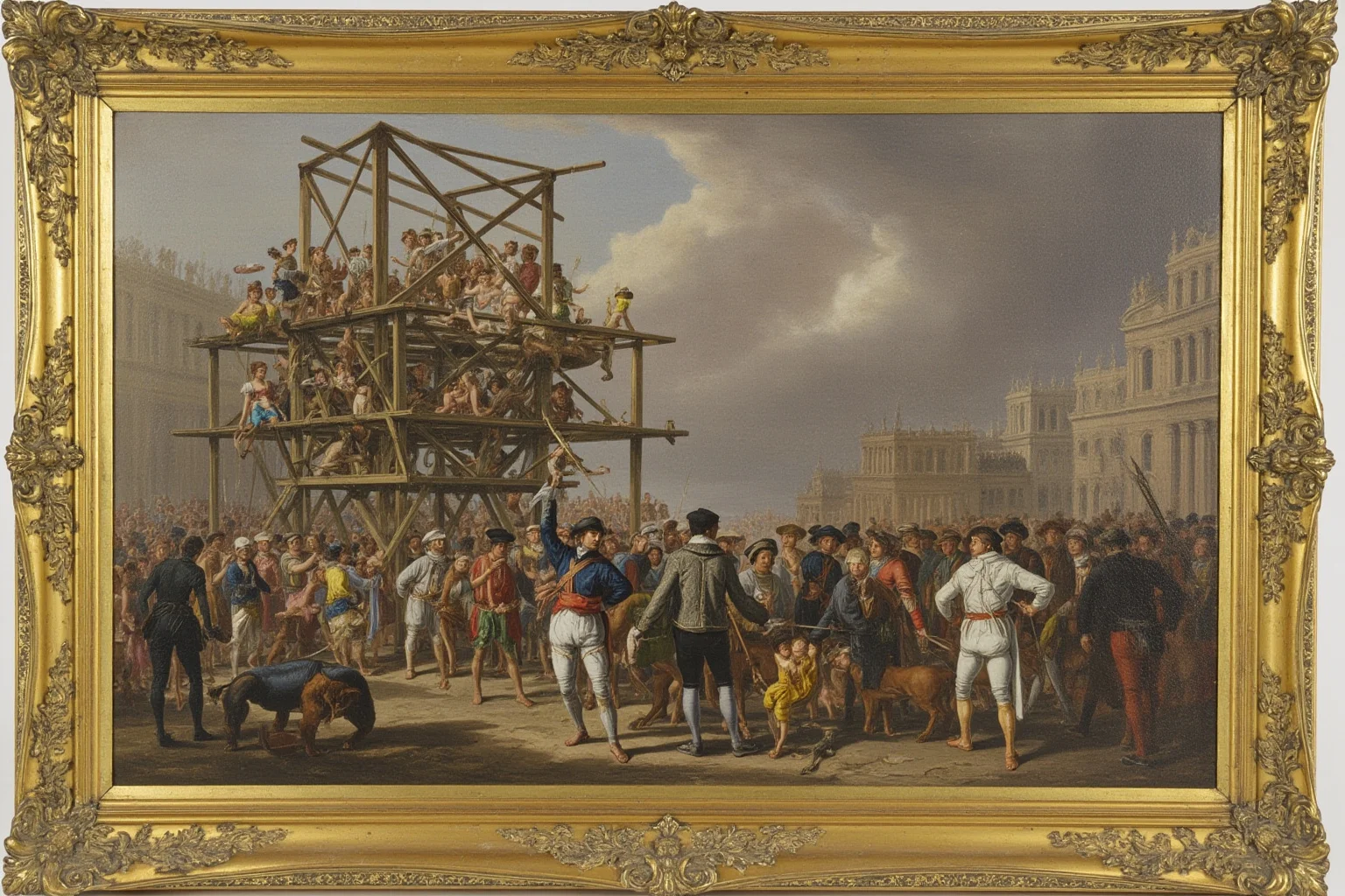 Oil-painting style illustration of an 18th-century French scaffold scene with a crowd in the background, muted historical color palette