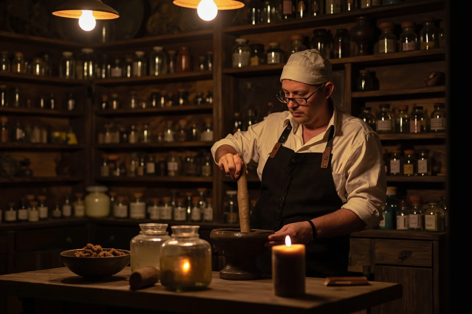 Old apothecary shop interior with glass jars and mortar and pestle, a pharmacist mixing remedies by candlelight
