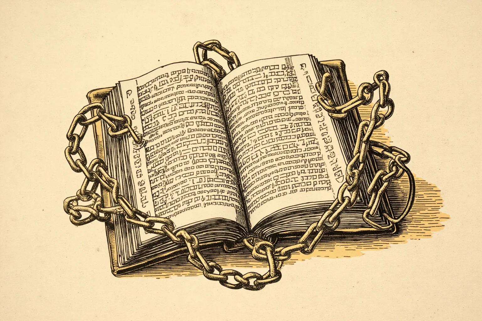 Old banned book with chains around it, symbolic illustration, non-graphic