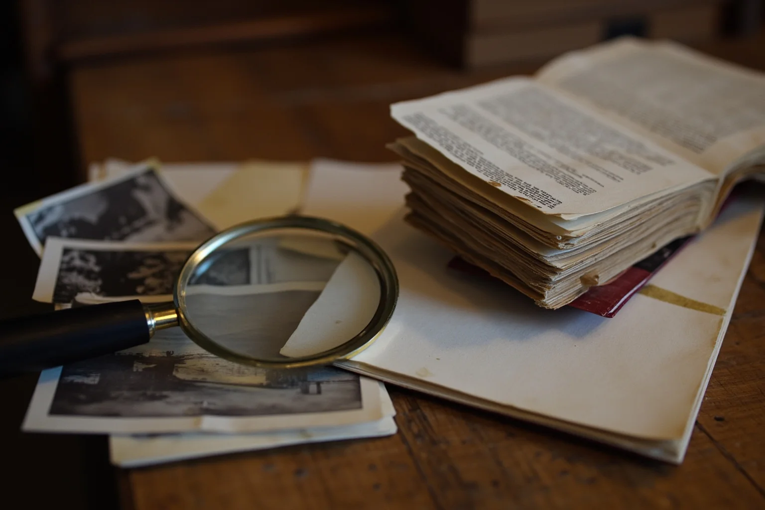 How an All-Female Gang Changed the Face of Crime in 19th Century London 20 Old books and magnifying glass on a wooden desk with faded photographs, research aesthetic