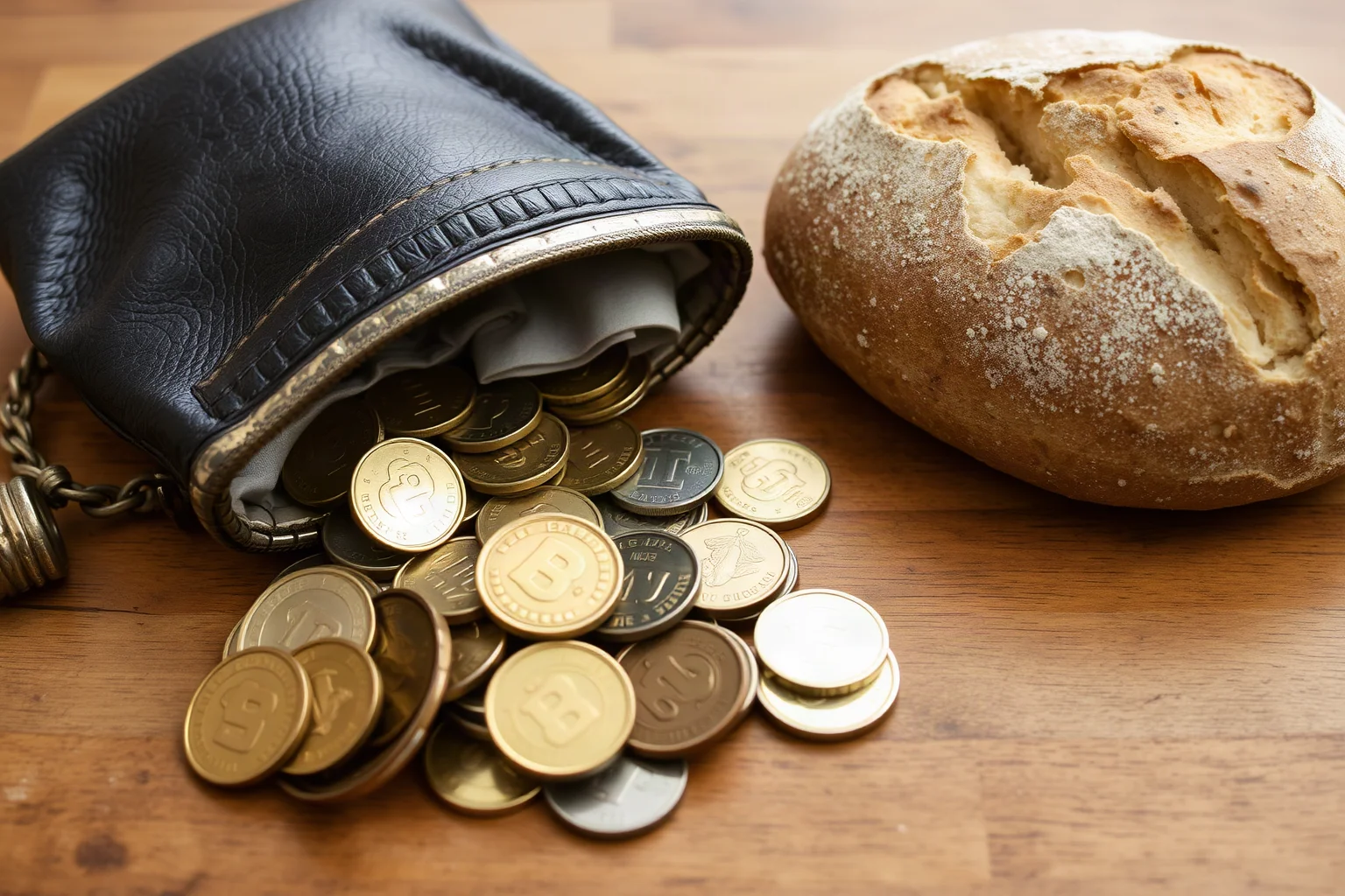 Old coin purse spilling gold coins onto a wooden table beside a simple loaf of bread