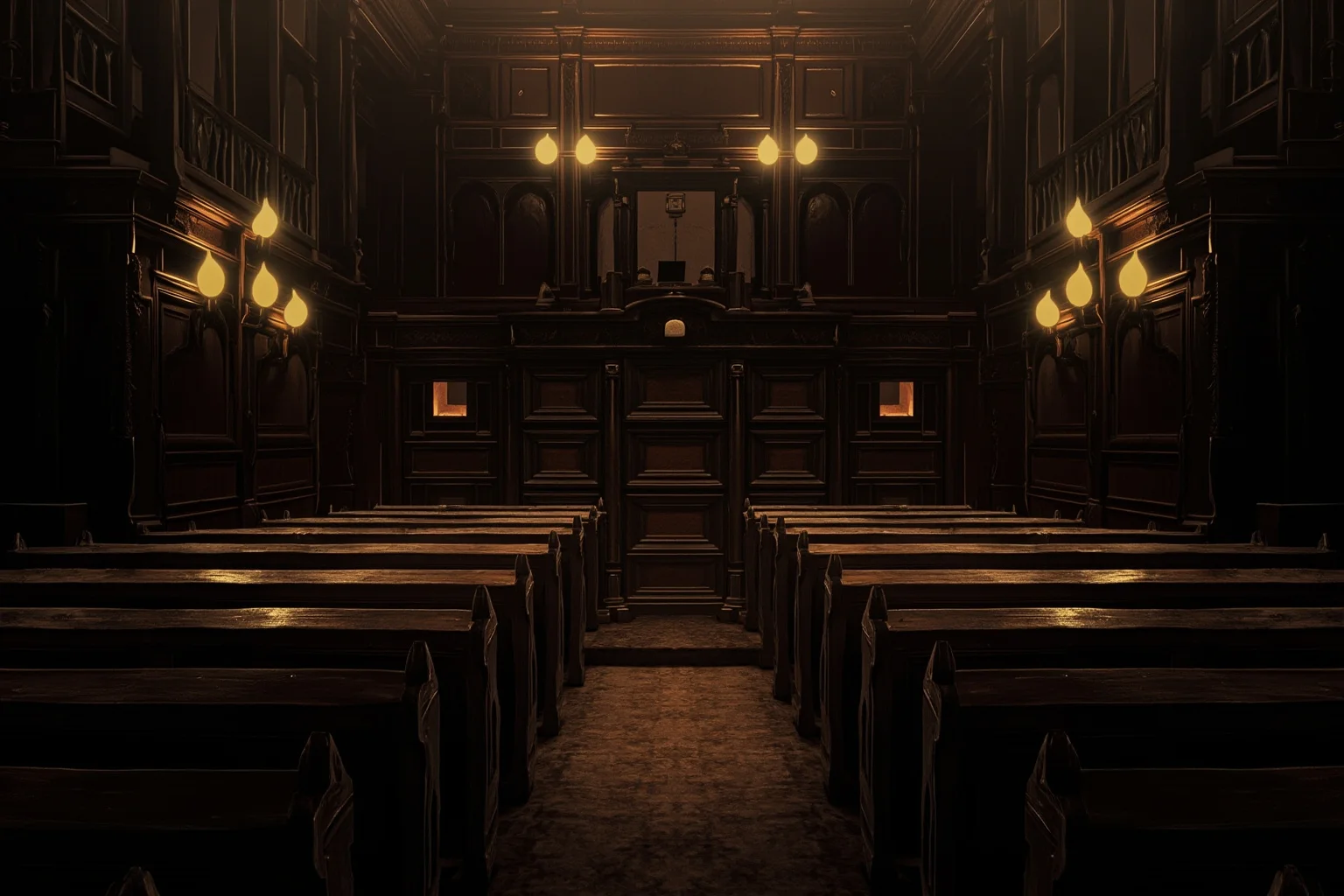 22 Creepiest People in History (And the Truth Behind Their Legends) 13 Old European courtroom interior with wooden benches and dim lighting, dramatic illustration