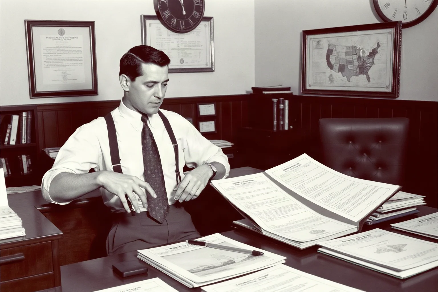 Old-fashioned government office scene with a clerk reviewing maritime tonnage regulations and ship safety charts