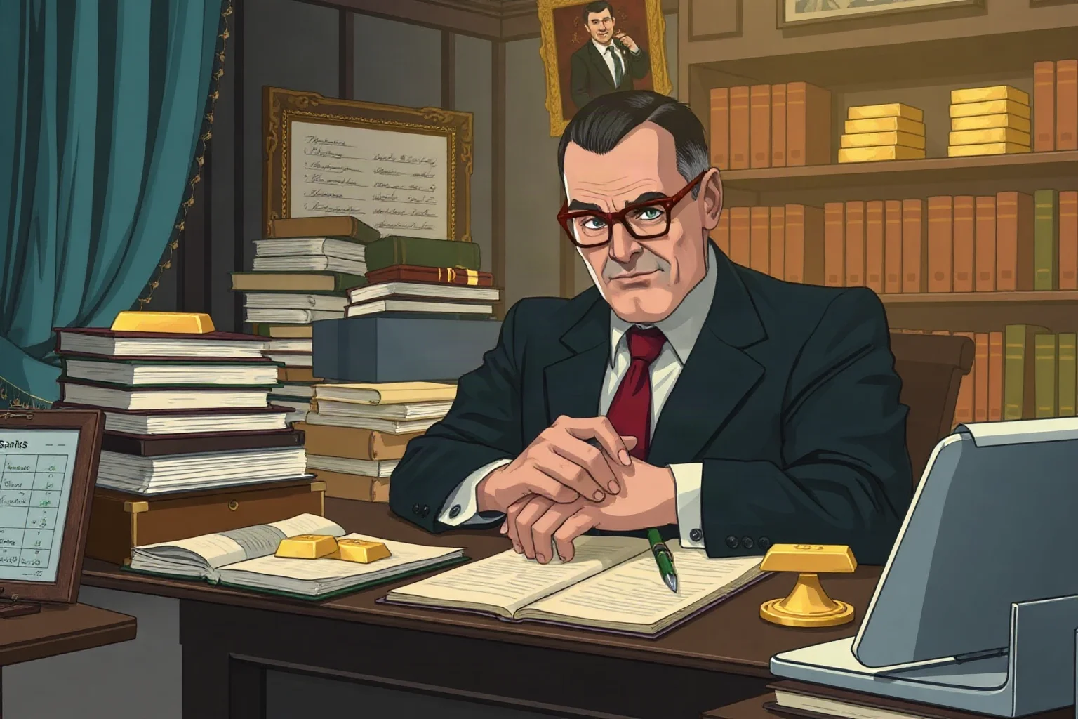 Old-fashioned illustration of a powerful banker in a private office surrounded by ledgers and gold bars