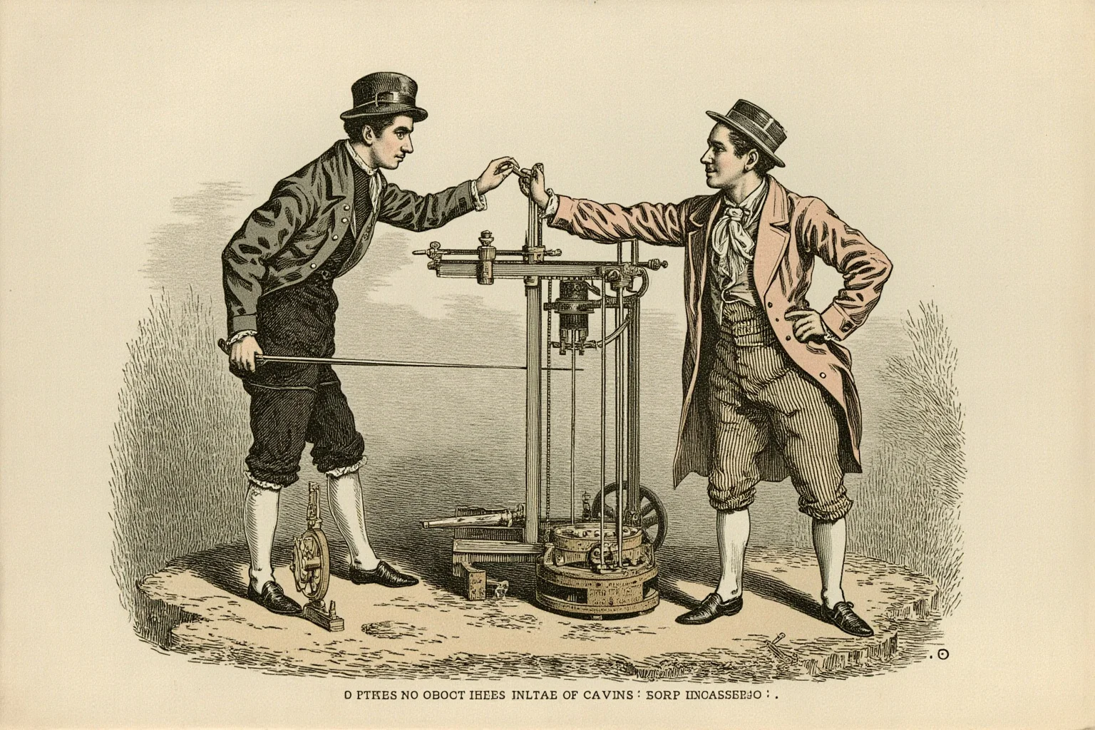 Old-fashioned illustration of two men in period clothing collaborating over a mechanical sugar-spinning invention